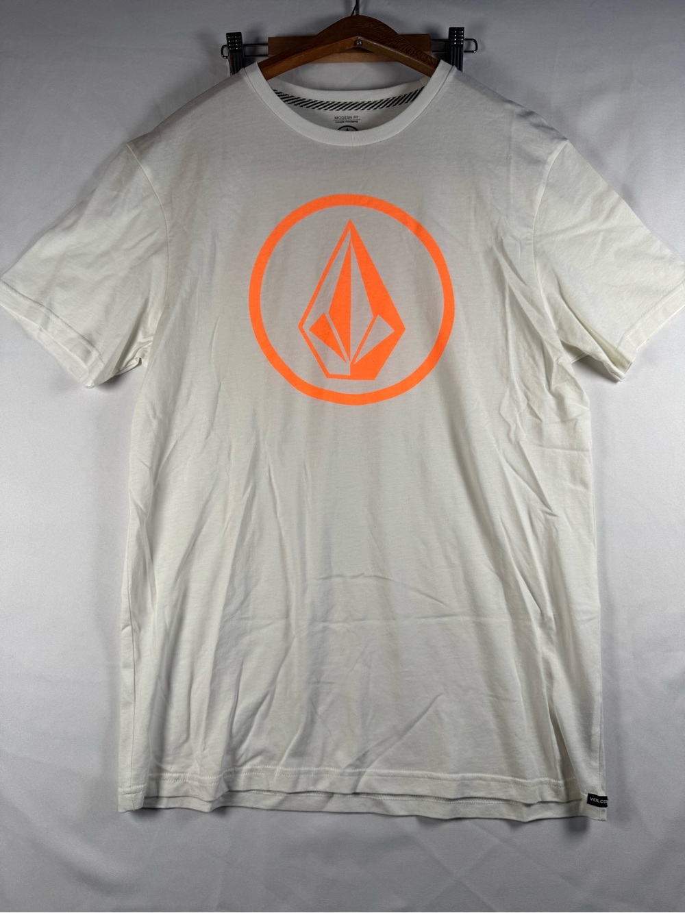 Volcom White Short Sleeve Tee with Neon Orange Stone Logo